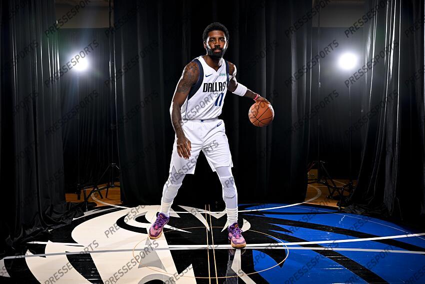 Sep 30, 2024; Dallas, TX, USA; Dallas Mavericks guard Kyrie Irving (11) poses for a photo during the 2024 Dallas Mavericks media day. Mandatory Credit: Jerome Miron-Imagn Images Dallas Mavericks-Media Day 