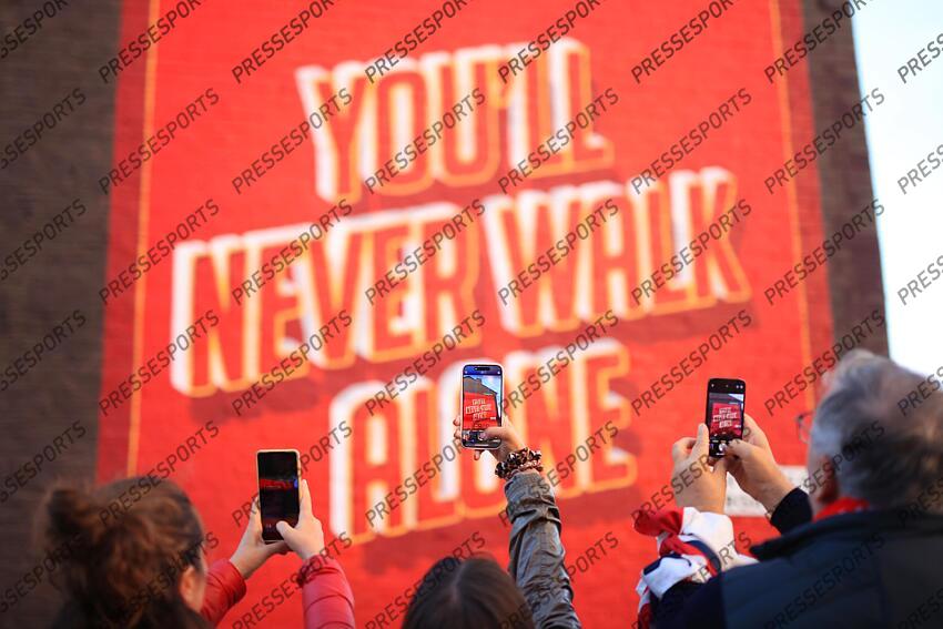 2nd October 2024 - UEFA Champions League - League Phase - Liverpool v Bologna - Fans take photos of a 'You'll Never Walk Alone' mural with their mobile phone cameras - Photo: Simon Stacpoole / Offside. LIVERPOOL-BOLOGNE (2-0) 