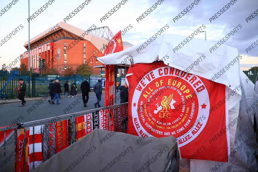 2nd October 2024 - UEFA Champions League - League Phase - Liverpool v Bologna - A general view of flags for sale on a merchandise stall - Photo: Simon Stacpoole / Offside. LIVERPOOL-BOLOGNE (2-0) 