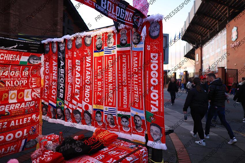 2nd October 2024 - UEFA Champions League - League Phase - Liverpool v Bologna - Souvenir scarves for sale on a merchandise stall - Photo: Simon Stacpoole / Offside. LIVERPOOL-BOLOGNE (2-0) 