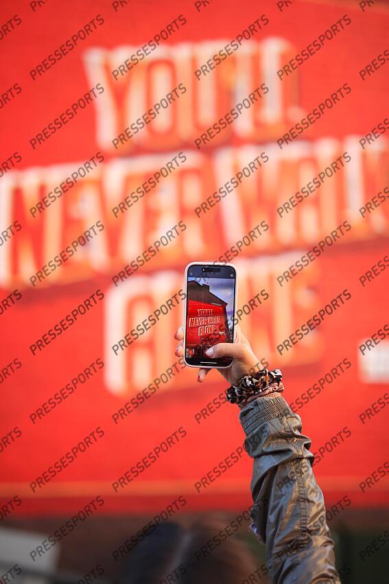 2nd October 2024 - UEFA Champions League - League Phase - Liverpool v Bologna - A fan takes a photo of a 'You'll Never Walk Alone' mural with her mobile phone camera - Photo: Simon Stacpoole / Offside. LIVERPOOL-BOLOGNE (2-0) 