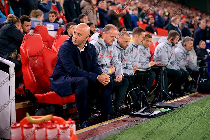 2nd October 2024 - UEFA Champions League - Liverpool FC v Bologna FC - Liverpool manager Arne Slot sitting with his coaching staff - Photo: Simon Stacpoole / Offside. LIVERPOOL-BOLOGNE (2-0) 