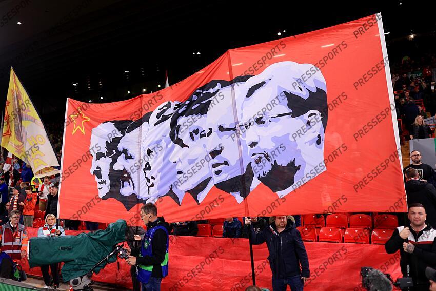 2nd October 2024 - UEFA Champions League - Liverpool FC v Bologna FC - a banner on the Top depicting a timeline Liverpool managers from Bill Shankly through to Jurgen Klopp - Photo: Simon Stacpoole / Offside. LIVERPOOL-BOLOGNE (2-0) 