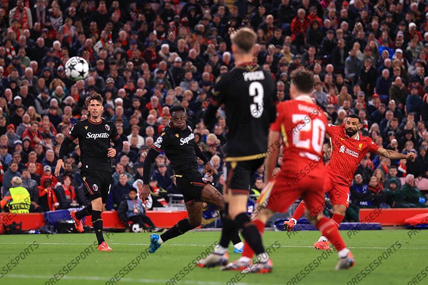 2nd October 2024 - UEFA Champions League - Liverpool FC v Bologna FC - Mohamed Salah of Liverpool scoring the second goal - Photo: Simon Stacpoole / Offside. LIVERPOOL-BOLOGNE (2-0) 