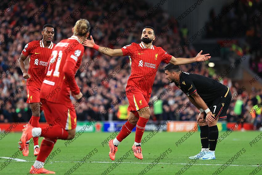 2nd October 2024 - UEFA Champions League - Liverpool FC v Bologna FC - Mohamed Salah of Liverpool celebrates after scoring the second goal - Photo: Simon Stacpoole / Offside. LIVERPOOL-BOLOGNE (2-0) 