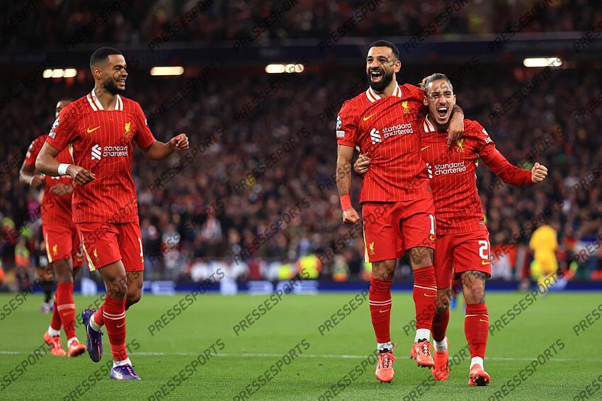 2nd October 2024 - UEFA Champions League - Liverpool FC v Bologna FC - Mohamed Salah of Liverpool celebrates the second goal with Kostas Tsimikas - Photo: Simon Stacpoole / Offside. LIVERPOOL-BOLOGNE (2-0) 
