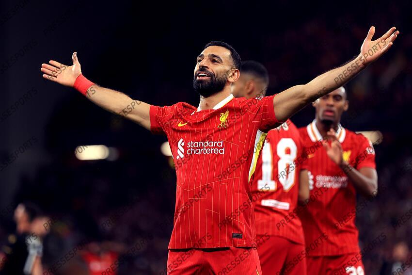 2nd October 2024 - UEFA Champions League - Liverpool FC v Bologna FC - Mohamed Salah of Liverpool celebrates the second goal at Anfield - Photo: Simon Stacpoole / Offside. LIVERPOOL-BOLOGNE (2-0) 