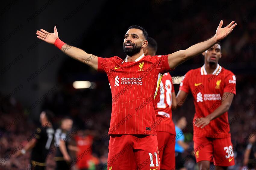 2nd October 2024 - UEFA Champions League - Liverpool FC v Bologna FC - Mohamed Salah of Liverpool celebrates the second goal at Anfield - Photo: Simon Stacpoole / Offside. LIVERPOOL-BOLOGNE (2-0) 