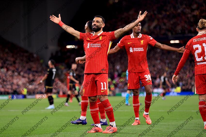 2nd October 2024 - UEFA Champions League - Liverpool FC v Bologna FC - Mohamed Salah of Liverpool celebrates the second goal at Anfield - Photo: Simon Stacpoole / Offside. LIVERPOOL-BOLOGNE (2-0) 