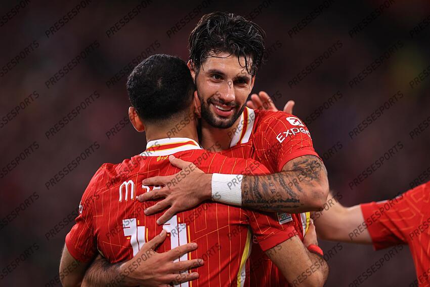 2nd October 2024 - UEFA Champions League - Liverpool FC v Bologna FC - Dominik Szoboszlai of Liverpool celebrates with Mohamed Salah - Photo: Simon Stacpoole / Offside. LIVERPOOL-BOLOGNE (2-0) 