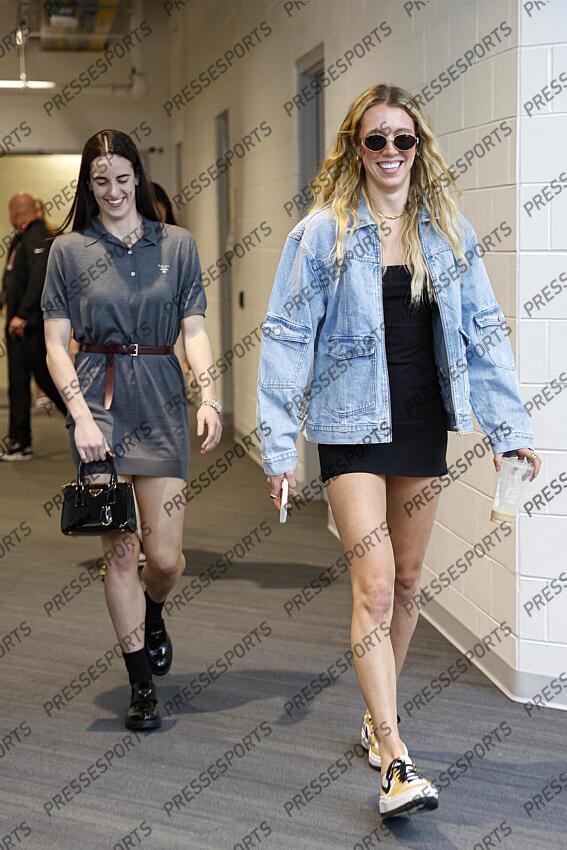 Jun 23, 2024; Chicago, Illinois, USA; Indiana Fever guard Lexie Hull (R) and guard Caitlin Clark (L) arrive at Wintrust Arena before a basketball game against the Chicago Sky. Mandatory Credit: Kamil Krzaczynski-USA TODAY Sports WNBA: Indiana Fever at Chicago Sky 