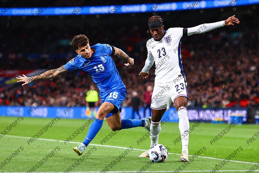 10 October 2024, London - UEFA Nations League - England v Greece - Noni Madueke of England and Lazaros Rota of Greece - Photo: Jacques Feeney / Offside. ANGLETERRE-GRECE (1-2) 