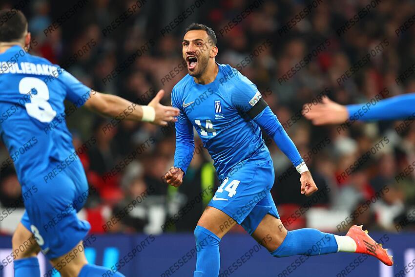 10 October 2024, London - International Football, UEFA Nation’s League - England v Greece - Vangelis Pavlidis of Greece celebrates scoring the opening goal - Photo: Charlotte Wilson / Offside. ANGLETERRE-GRECE (1-2) 