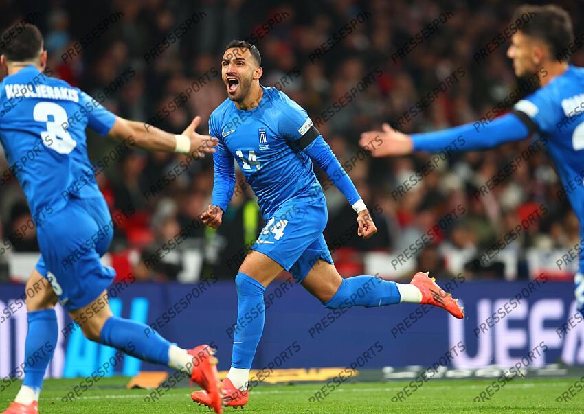 10 October 2024, London - International Football, UEFA Nation’s League - England v Greece - Vangelis Pavlidis of Greece celebrates scoring the opening goal - Photo: Charlotte Wilson / Offside. ANGLETERRE-GRECE (1-2) 