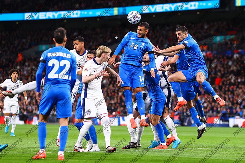 10 October 2024, London - UEFA Nations League - England v Greece - Vangelis Pavlidis of Greece heads the ball - Photo: Jacques Feeney / Offside. ANGLETERRE-GRECE (1-2) 
