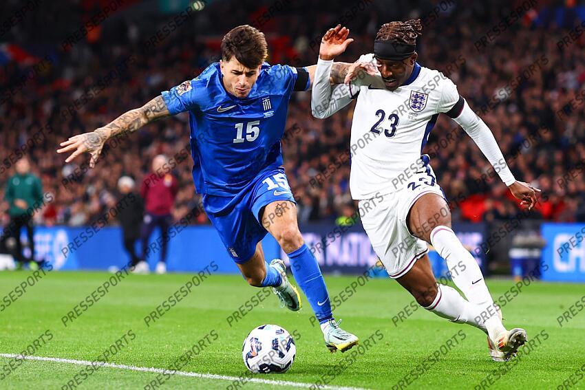10 October 2024, London - UEFA Nations League - England v Greece - Lazaros Rota of Greece and Noni Madueke of England - Photo: Jacques Feeney / Offside. ANGLETERRE-GRECE (1-2) 