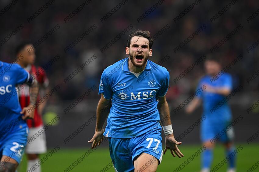 Khvicha Kvaratskhelia (Napoli) celebrates after scoring his team's second goal during the Italian Serie A match between Milan 0-2 Napoli at Giuseppe Meazza Stadium on October 29, 2024 in Milano, Italy. (Photo by Maurizio Borsari/AFLO) AC MILAN-NAPLES (0-2) 