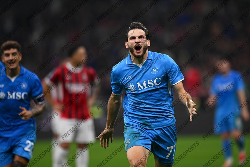 Khvicha Kvaratskhelia (Napoli) celebrates after scoring his team's second goal during the Italian Serie A match between Milan 0-2 Napoli at Giuseppe Meazza Stadium on October 29, 2024 in Milano, Italy. (Photo by Maurizio Borsari/AFLO) AC MILAN-NAPLES (0-2) 