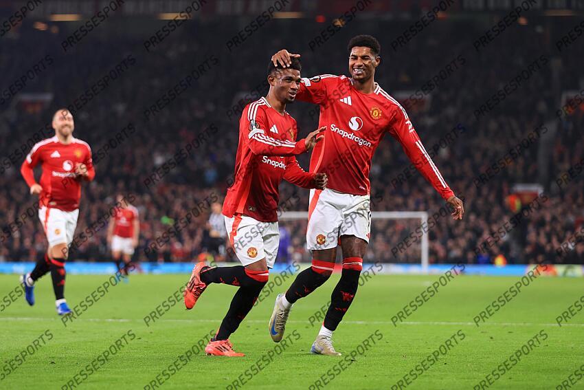 7th November 2024 - UEFA Europa League - League Phase - Manchester United v PAOK Salonika - Amad Diallo of Manchester United (C) celebrates with Marcus Rashford of Manchester United after scoring their 2nd goal - Photo: Simon Stacpoole / Offside. MANCHESTER UNITED-PAOK SALONIQUE (2-0) 