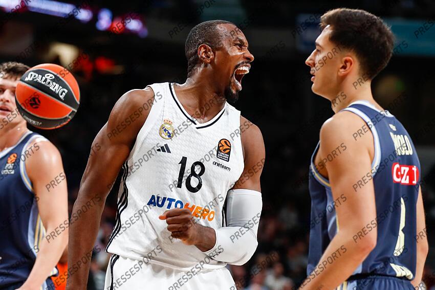 Serge Ibaka of Real Madrid celebrates during the Turkish Airlines EuroLeague Regular Season match between Real Madrid and Alba Berlin at Wizink Center on November 21, 2024 in Madrid, Spain. REAL MADRID-ALBA BERLIN (98-84) 