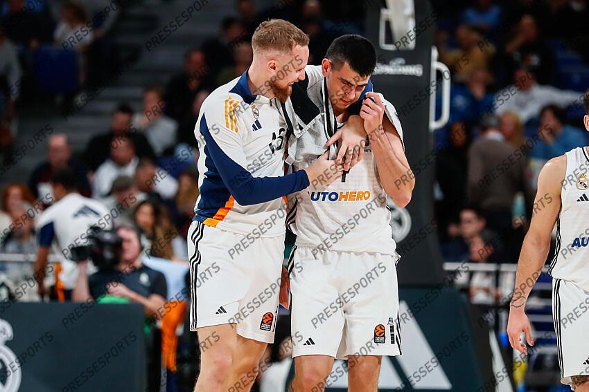 Dzanan Musa and Gabriel Deck of Real Madrid gesture during the Turkish Airlines EuroLeague Regular Season match between Real Madrid and Alba Berlin at Wizink Center on November 21, 2024 in Madrid, Spain. REAL MADRID-ALBA BERLIN (98-84) 