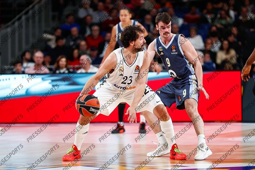 Sergio Llull Melia of Real Madrid and Jonas Mattisseck of Alba Berlin in action during the Turkish Airlines EuroLeague Regular Season match between Real Madrid and Alba Berlin at Wizink Center on November 21, 2024 in Madrid, Spain. REAL MADRID-ALBA BERLIN (98-84) 