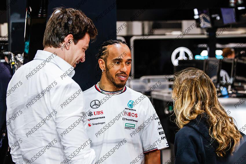 Toto Wolff (AUT, Mercedes-AMG Petronas F1 Team), #44 Lewis Hamilton (GBR, Mercedes-AMG Petronas F1 Team), Doriane Pin (FRA), F1 Grand Prix of Saudi Arabia at Jeddah Corniche Circuit on March 6, 2024 in Jeddah, Saudi Arabia. (Photo by HOCH ZWEI) 