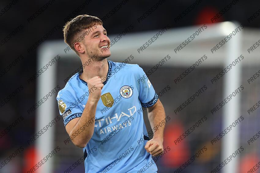 29 December 2024 Leicester - Premier League football - Leicester City v Manchester City - James McAtee of Manchester City celebrates the second goal. (Photo by Mark Leech). LEICESTER-MANCHESTER CITY (0-2) 