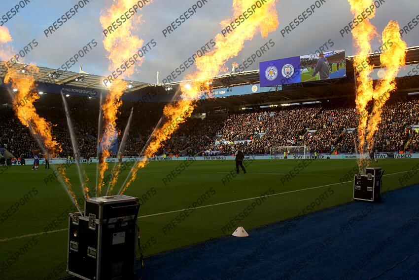 29 December 2024 Leicester - Premier League football - Leicester City v Manchester City - flames before the match at the King Power Stadium. (Photo by Mark Leech). LEICESTER-MANCHESTER CITY (0-2) 