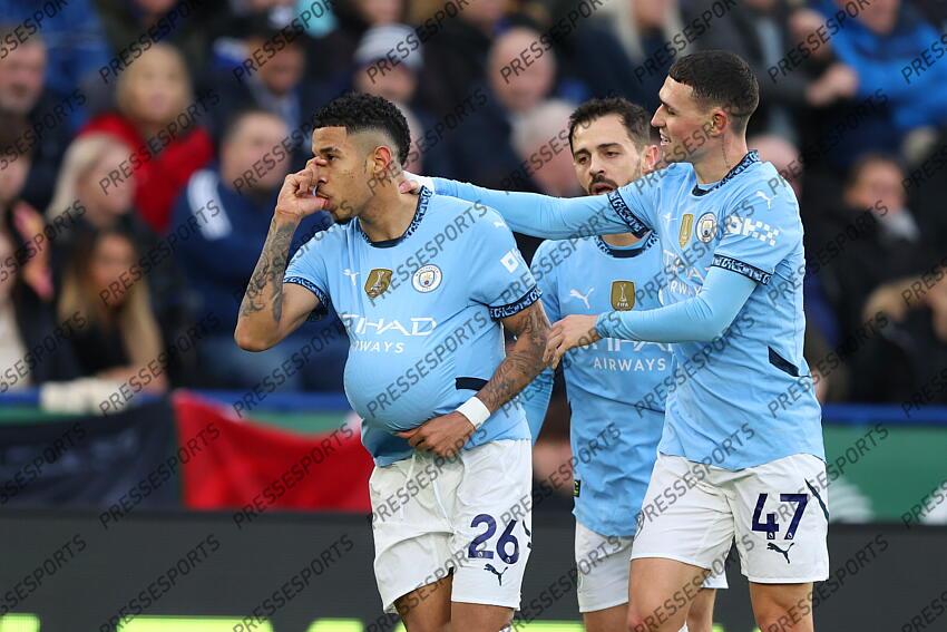 29 December 2024 Leicester - Premier League football - Leicester City v Manchester City - Savio of Manchester City celebrates after scoring the opening goal. (Photo by Mark Leech). LEICESTER-MANCHESTER CITY (0-2) 