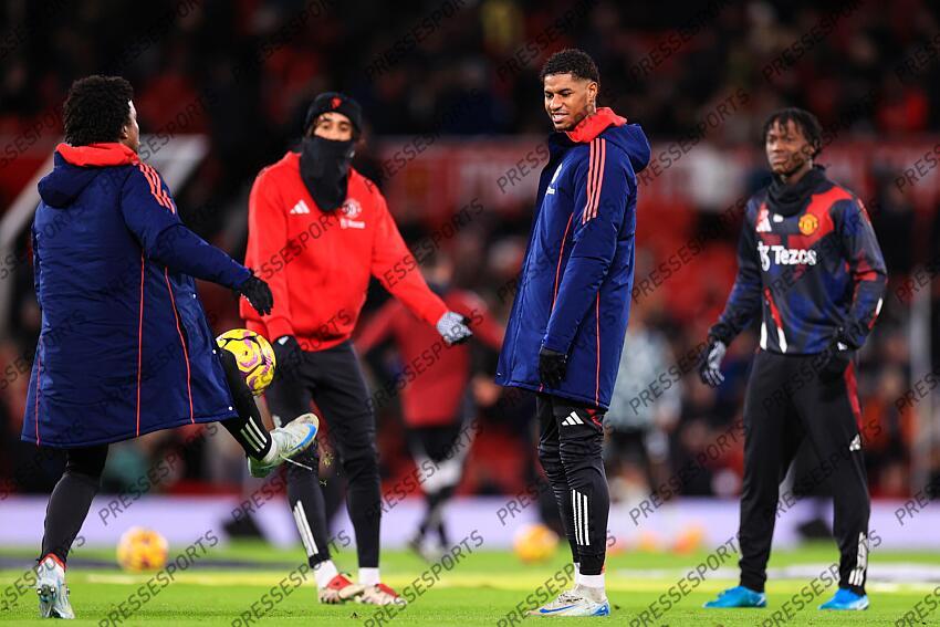 30th December 2024 - Premier League - Manchester United v Newcastle United - Marcus Rashford of Manchester United warms up - Photo: Simon Stacpoole / Offside. MANCHESTER UNITED-NEWCASTLE UNITED (0-2) 