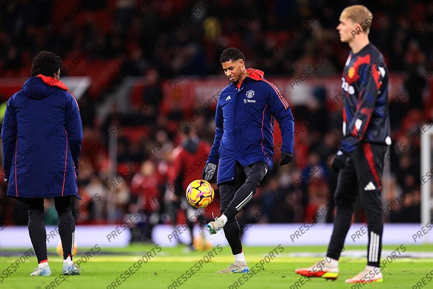 30th December 2024 - Premier League - Manchester United v Newcastle United - Marcus Rashford of Manchester United warms up - Photo: Simon Stacpoole / Offside. MANCHESTER UNITED-NEWCASTLE UNITED (0-2) 