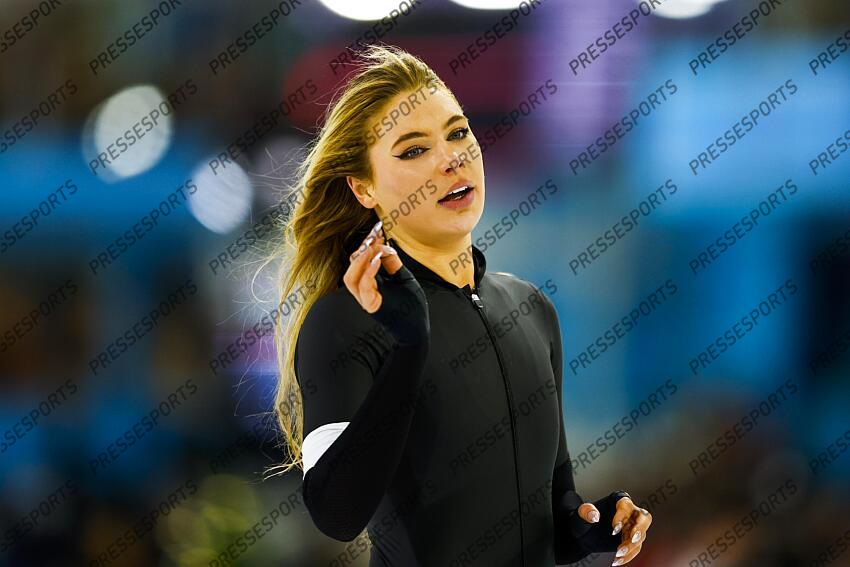 HEERENVEEN - Jutta Leerdam reacts after the 1000 meters during the first day of the Dutch sprint speed skating championships in Thialf. ANP VINCENT JANNINK CHAMPIONNATS DES PAYS BAS 