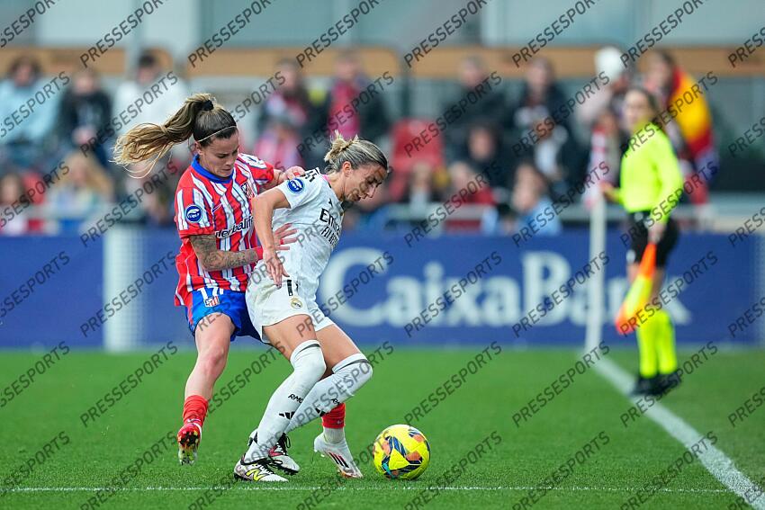 Sheila Garcia of Real Madrid and Rosa Otermin of Atletico de Madrid in action during the Spanish Women League, Liga F, football match played between Atletico de Madrid and Real Madrid at Centro Deportivo Wanda Alcala de Henares on January 05, 2025, in Madrid, Spain. (F) ATLETICO MADRID-(F) REAL MADRID (1-2) 