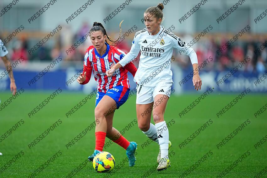 Filippa Angeldahl of Real Madrid and Silvia Lloris of Atletico de Madrid in action during the Spanish Women League, Liga F, football match played between Atletico de Madrid and Real Madrid at Centro Deportivo Wanda Alcala de Henares on January 05, 2025, in Madrid, Spain. (F) ATLETICO MADRID-(F) REAL MADRID (1-2) 