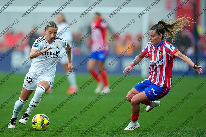 Sheila Garcia of Real Madrid and Rosa Otermin of Atletico de Madrid in action during the Spanish Women League, Liga F, football match played between Atletico de Madrid and Real Madrid at Centro Deportivo Wanda Alcala de Henares on January 05, 2025, in Madrid, Spain. (F) ATLETICO MADRID-(F) REAL MADRID (1-2) 