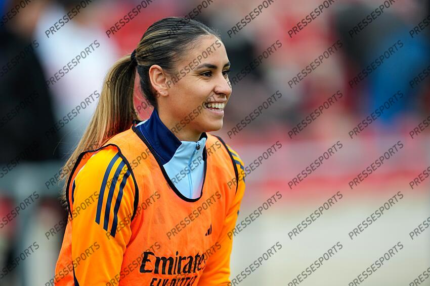 Maelle Lakrar of Real Madrid smiles during the Spanish Women League, Liga F, football match played between Atletico de Madrid and Real Madrid at Centro Deportivo Wanda Alcala de Henares on January 05, 2025, in Madrid, Spain. (F) ATLETICO MADRID-(F) REAL MADRID (1-2) 