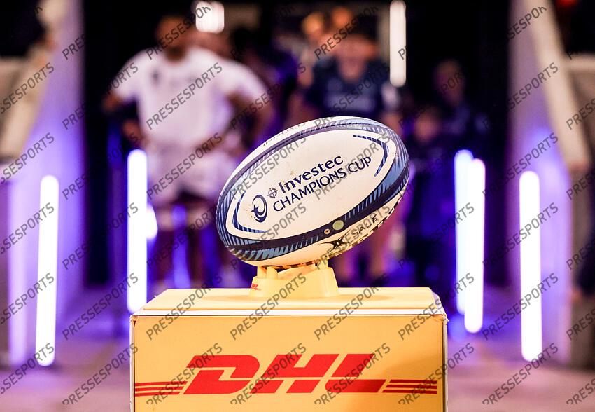 Investec Champions Cup Round 4, Salford Community Stadium, Manchester 19/1/2025 Sale Sharks vs RC Toulon A view of an Investec Champions Cup match ball on top of the DHL plinth Mandatory Credit ©INPHO/Tom Maher SALE-TOULON (33-7) 