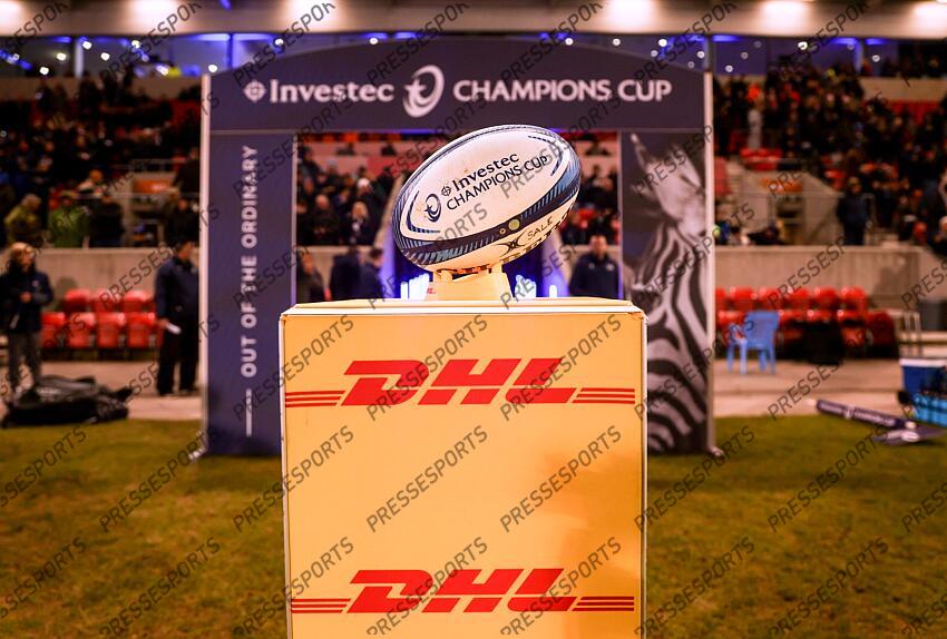 Investec Champions Cup Round 4, Salford Community Stadium, Manchester 19/1/2025 Sale Sharks vs RC Toulon A view of an Investec Champions Cup match ball on top of the DHL plinth Mandatory Credit ©INPHO/Tom Maher SALE-TOULON (33-7) 