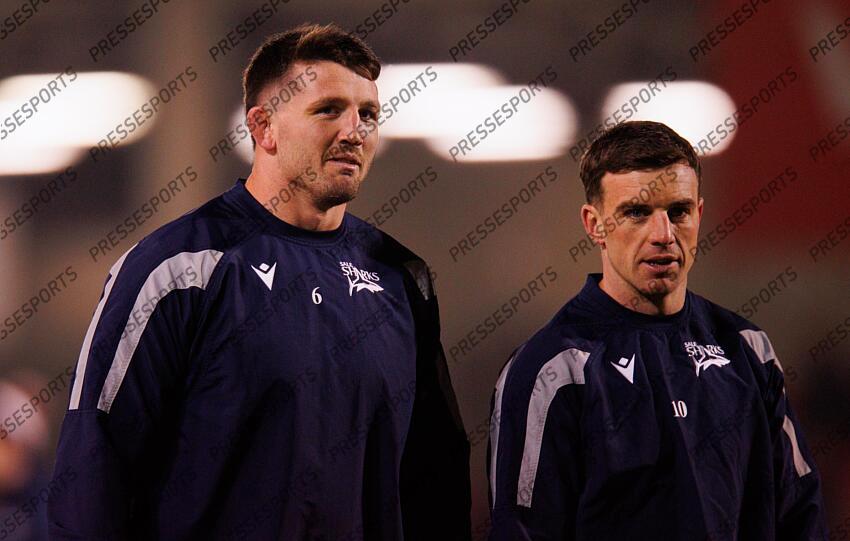 Investec Champions Cup Round 4, Salford Community Stadium, Manchester 19/1/2025 Sale Sharks vs RC Toulon Sale Sharks' Tom Curry and George Ford ahead of the game Mandatory Credit ©INPHO/Tom Maher SALE-TOULON (33-7) 