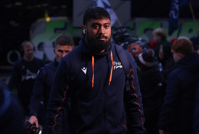 Investec Champions Cup Round 4, Salford Community Stadium, Manchester 19/1/2025 Sale Sharks vs RC Toulon Sale Sharks' Rekeiti Ma'asi White arrives Mandatory Credit ©INPHO/Tom Maher SALE-TOULON (33-7) 