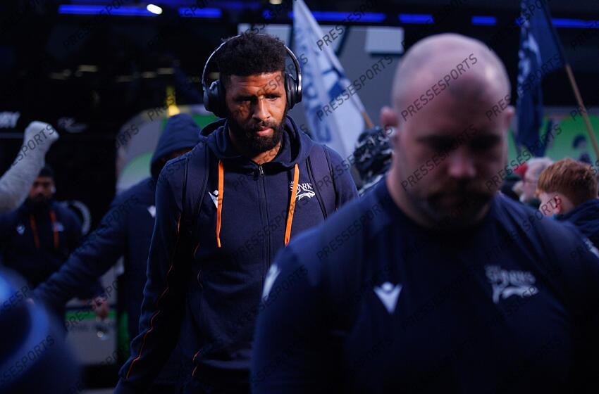 Investec Champions Cup Round 4, Salford Community Stadium, Manchester 19/1/2025 Sale Sharks vs RC Toulon Sale Sharks' Hyron Andrews arrives Mandatory Credit ©INPHO/Tom Maher SALE-TOULON (33-7) 
