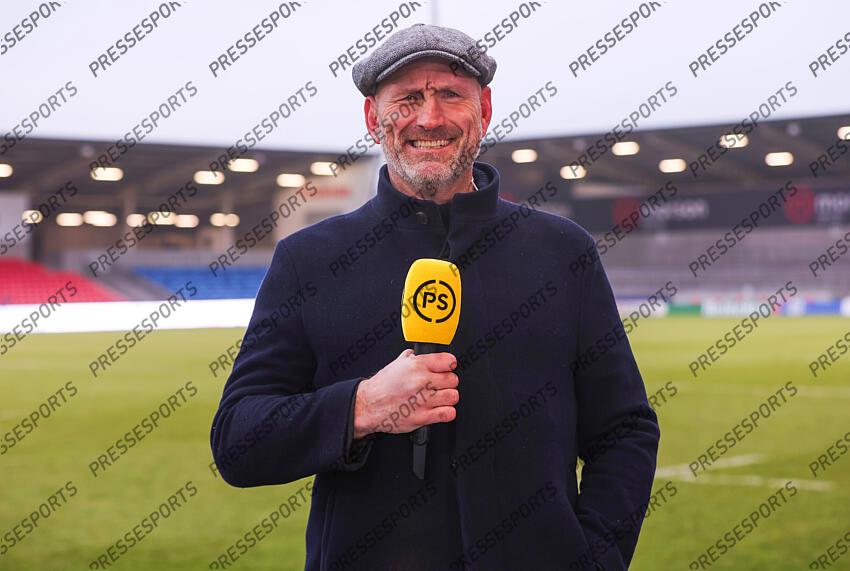 Investec Champions Cup Round 4, Salford Community Stadium, Manchester 19/1/2025 Sale Sharks vs RC Toulon Lawrence Dallaglio on media duties for Premier Sports Mandatory Credit ©INPHO/Tom Maher SALE-TOULON (33-7) 
