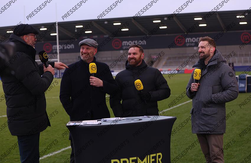 Investec Champions Cup Round 4, Salford Community Stadium, Manchester 19/1/2025 Sale Sharks vs RC Toulon Martin Bayfield, Lawrence Dallaglio, Andy Goode and John Barclay on media duties for Premier Sports Mandatory Credit ©INPHO/Tom Maher SALE-TOULON (33-7) 