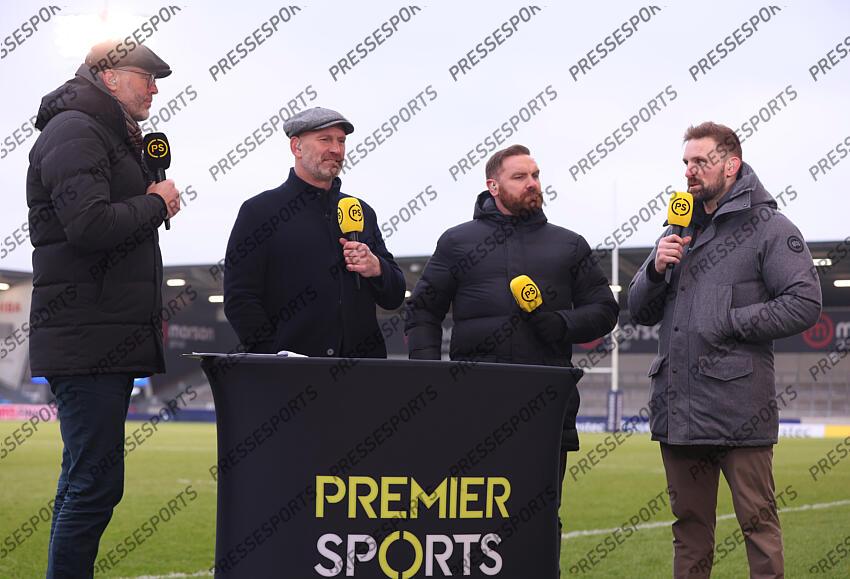 Investec Champions Cup Round 4, Salford Community Stadium, Manchester 19/1/2025 Sale Sharks vs RC Toulon Martin Bayfield, Lawrence Dallaglio, Andy Goode and John Barclay on media duties for Premier Sports Mandatory Credit ©INPHO/Tom Maher SALE-TOULON (33-7) 