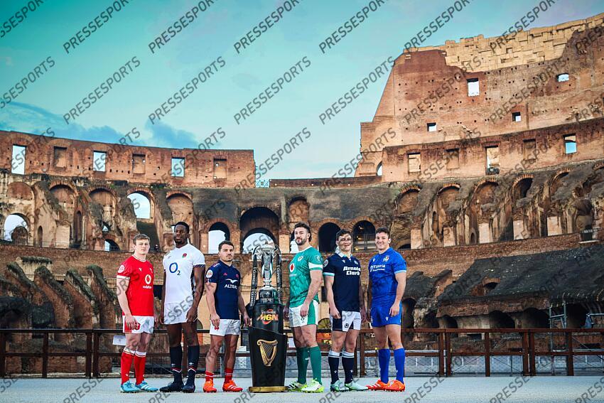 2024 Guinness Six Nations Championship Launch, Rome, Italy 21/1/2025 Pictured (L-R) Wales’ Jac Morgan, England’s Maro Itoje, France’s Antoine Dupont, Ireland’s Caelan Doris, Scotland’s Rory Darge and Italy’s Michele Lamaro at the launch of the 2025 Guinness Men’s Six Nations Championship at the Colosseum in Rome Mandatory Credit ©INPHO/Billy Stickland PRESENTATION TOURNOI DES VI NATIONS 