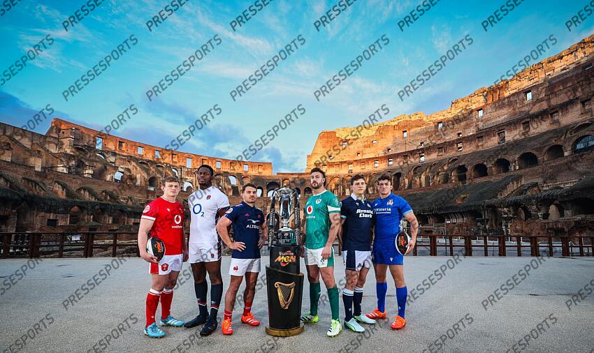 2024 Guinness Six Nations Championship Launch, Rome, Italy 21/1/2025 Pictured (L-R) Wales’ Jac Morgan, England’s Maro Itoje, France’s Antoine Dupont, Ireland’s Caelan Doris, Scotland’s Rory Darge and Italy’s Michele Lamaro at the launch of the 2025 Guinness Men’s Six Nations Championship at the Colosseum in Rome Mandatory Credit ©INPHO/Billy Stickland PRESENTATION TOURNOI DES VI NATIONS 