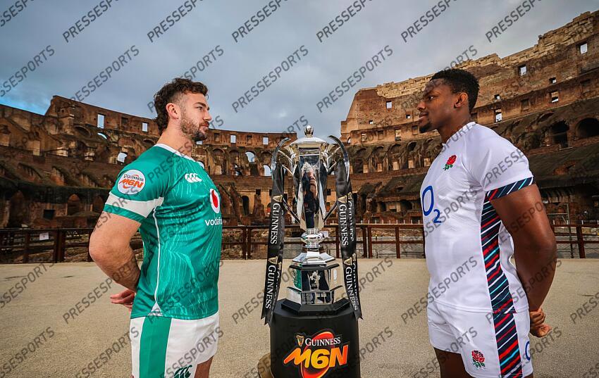 2024 Guinness Six Nations Championship Launch, Rome, Italy 21/1/2025 Pictured is Ireland’s Caelan Doris and Maro Itoje of England at the launch of the 2025 Guinness Men’s Six Nations Championship at the Colosseum in Rome Mandatory Credit ©INPHO/Billy Stickland PRESENTATION TOURNOI DES VI NATIONS 