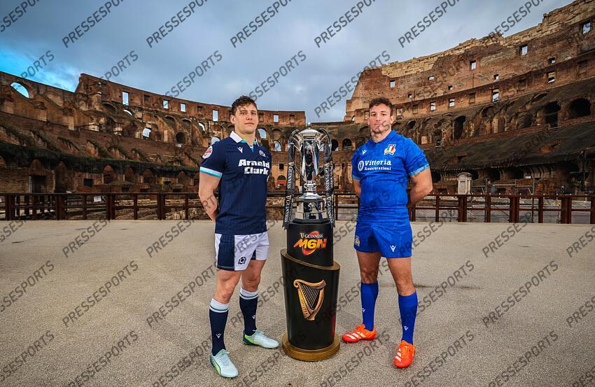 2024 Guinness Six Nations Championship Launch, Rome, Italy 21/1/2025 Pictured is Scotland’s Rory Darge and Michele Lamaro of Italy at the launch of the 2025 Guinness Men’s Six Nations Championship at the Colosseum in Rome Mandatory Credit ©INPHO/Billy Stickland PRESENTATION TOURNOI DES VI NATIONS 