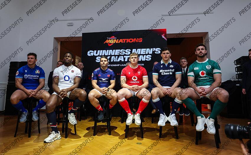 2024 Guinness Six Nations Championship Launch, Rome, Italy 21/1/2025 Pictured (L-R) Italy’s Michele Lamaro, England’s Maro Itoje, France’s Antoine Dupont, Wales’ Jac Morgan, Scotland’s Rory Darge and Ireland’s Caelan Doris at the launch of the 2025 Guinness Men’s Six Nations Championship at the Colosseum in Rome Mandatory Credit ©INPHO/Billy Stickland PRESENTATION TOURNOI DES VI NATIONS 